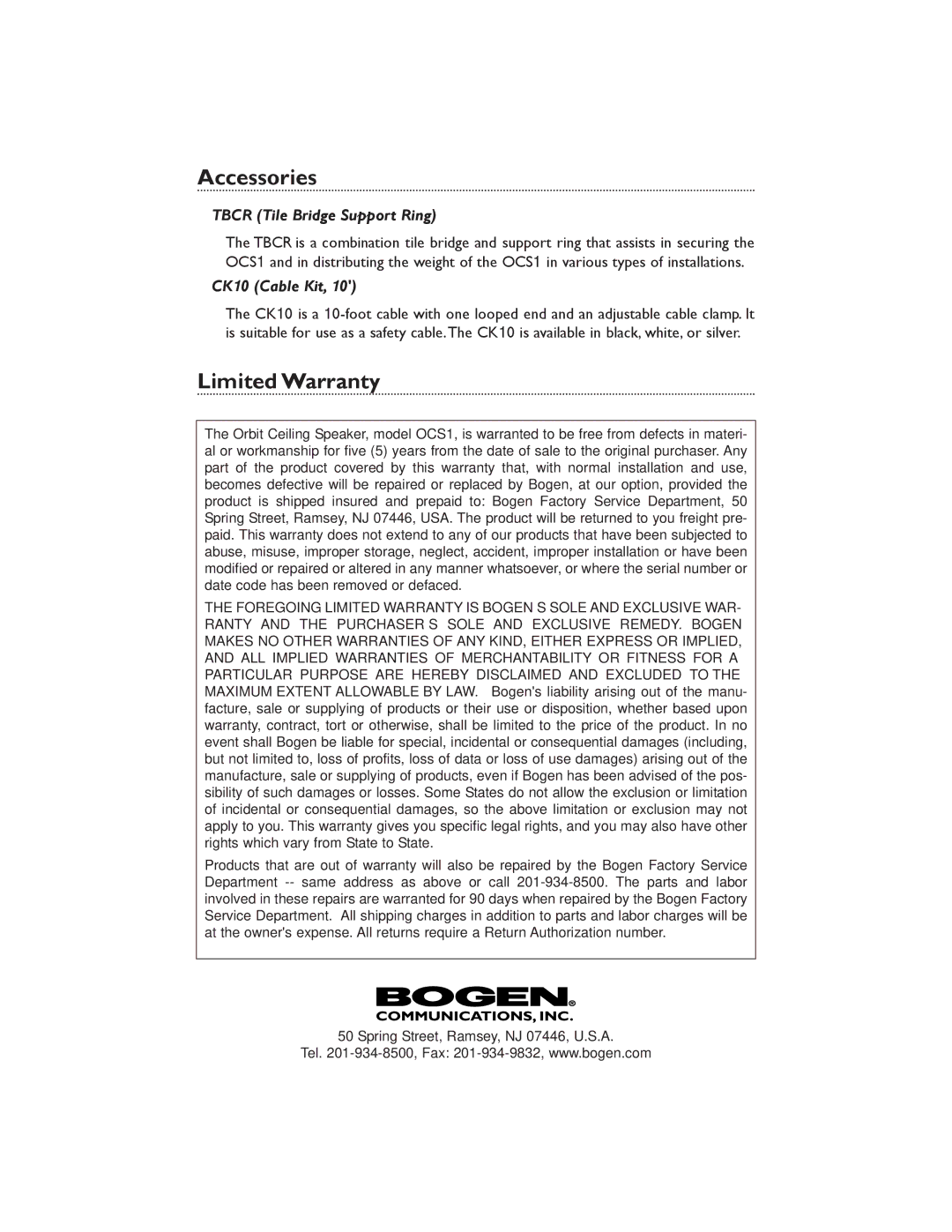 Bogen OCS1 specifications Accessories, Limited Warranty 