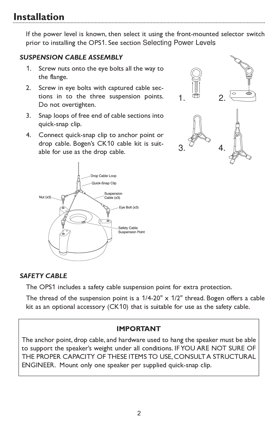 Bogen OPS1 specifications Installation, Suspension Cable Assembly, Safety Cable 