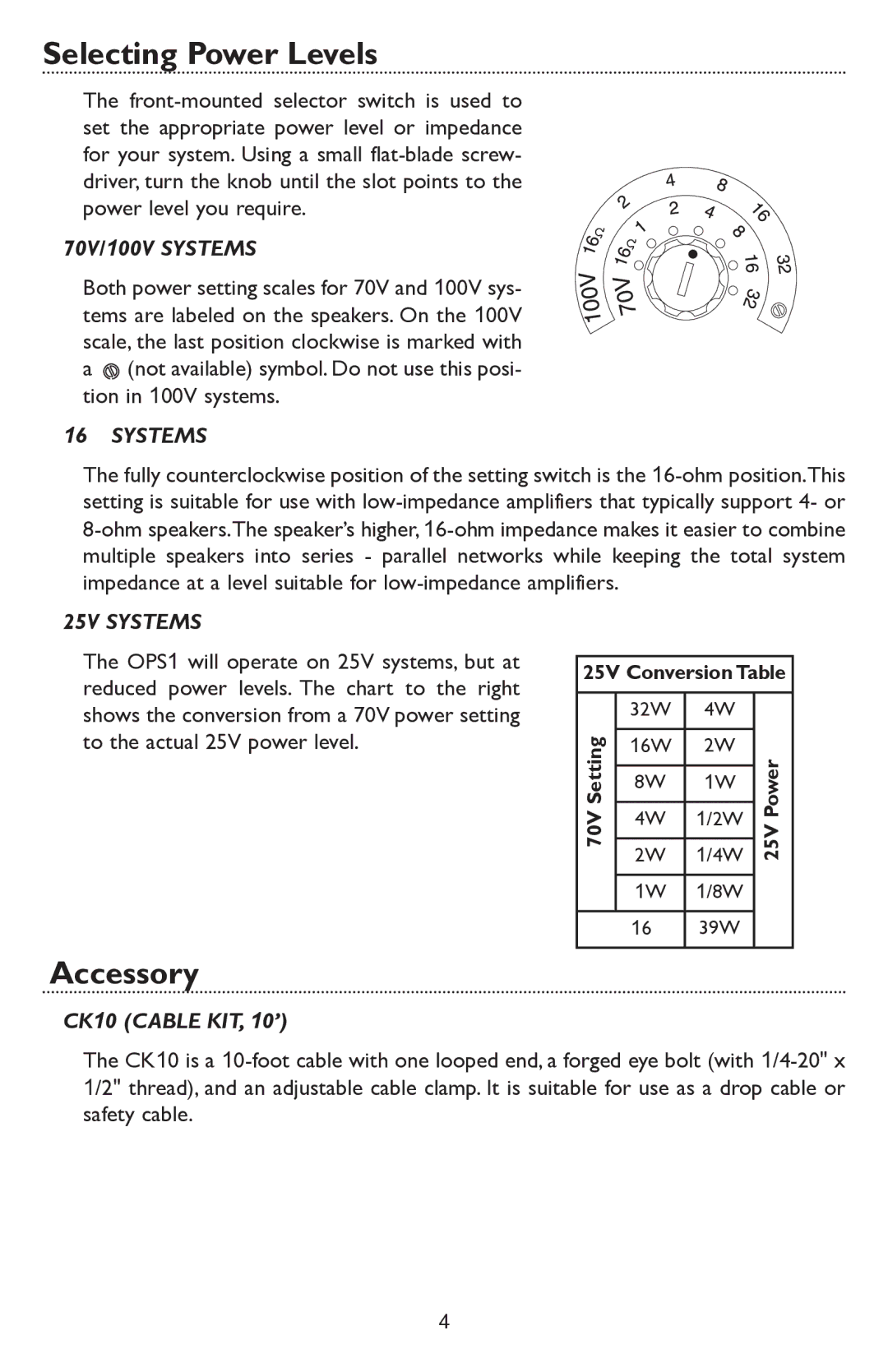 Bogen OPS1 specifications Selecting Power Levels, Accessory, 70V/100V Systems, 16Ω Systems, 25V Systems 