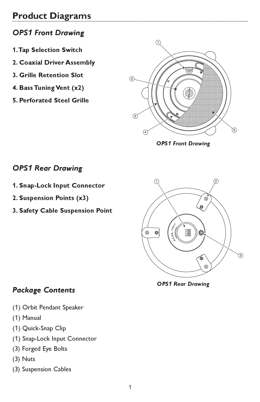 Bogen specifications Product Diagrams, OPS1 Front Drawing, OPS1 Rear Drawing, Package Contents 