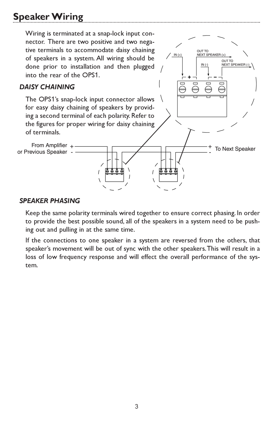 Bogen OPS1 specifications Speaker Wiring, Daisy Chaining, Speaker Phasing 