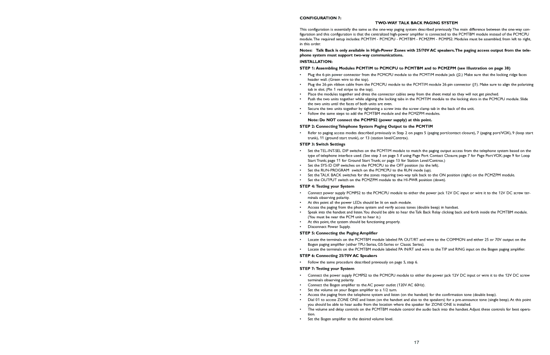 Bogen PCM2000 manual Configuration TWO-WAY Talk Back Paging System, Connecting Telephone System Paging Output to the Pcmtim 