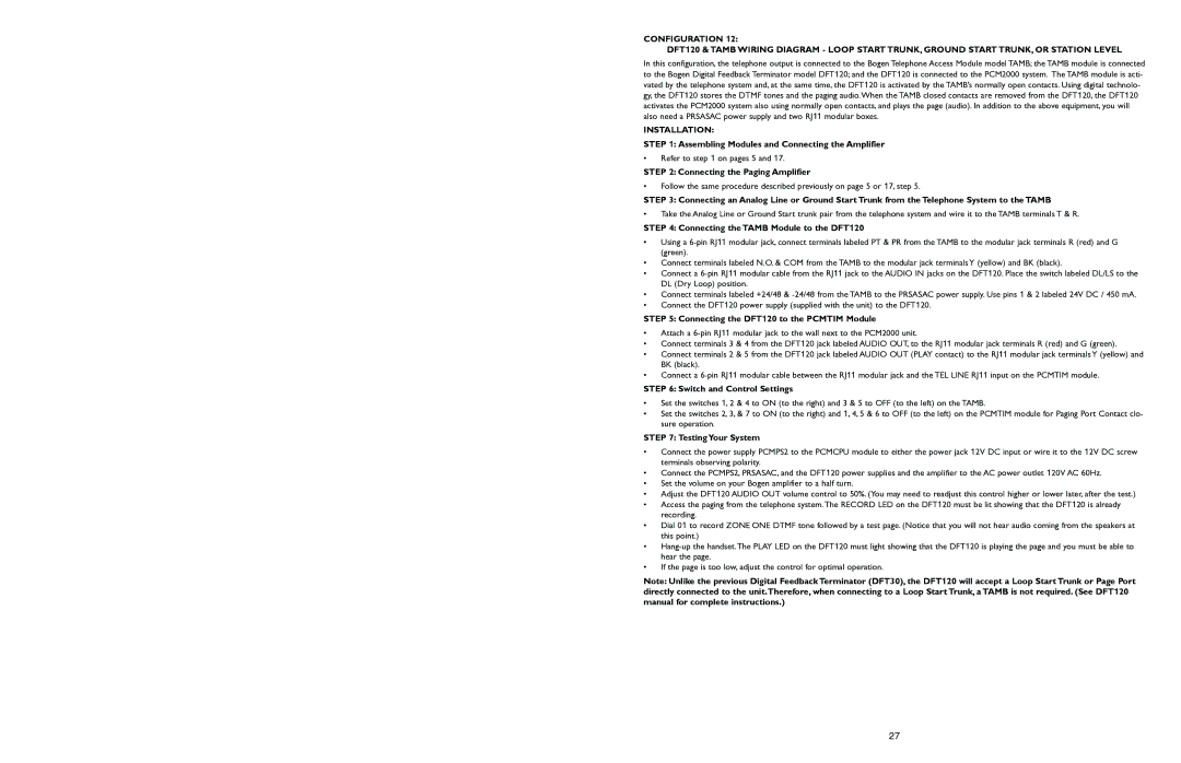 Bogen PCM2000 manual Connecting the Tamb Module to the DFT120, Connecting the DFT120 to the Pcmtim Module 