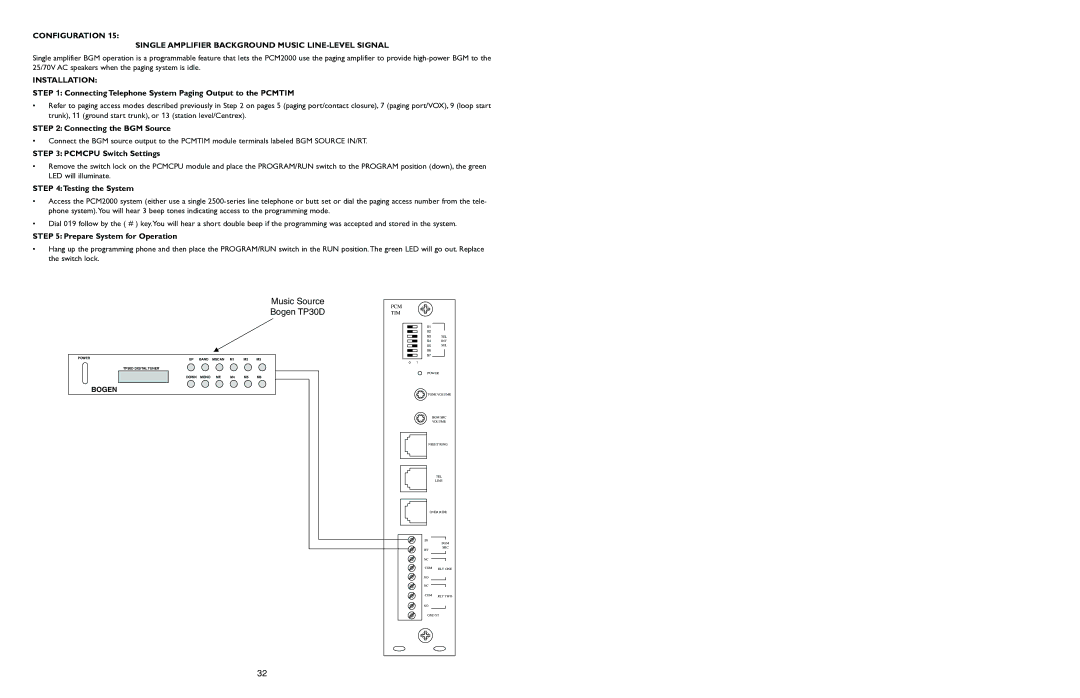 Bogen PCM2000 manual Connecting the BGM Source, Pcmcpu Switch Settings, Testing the System, Prepare System for Operation 