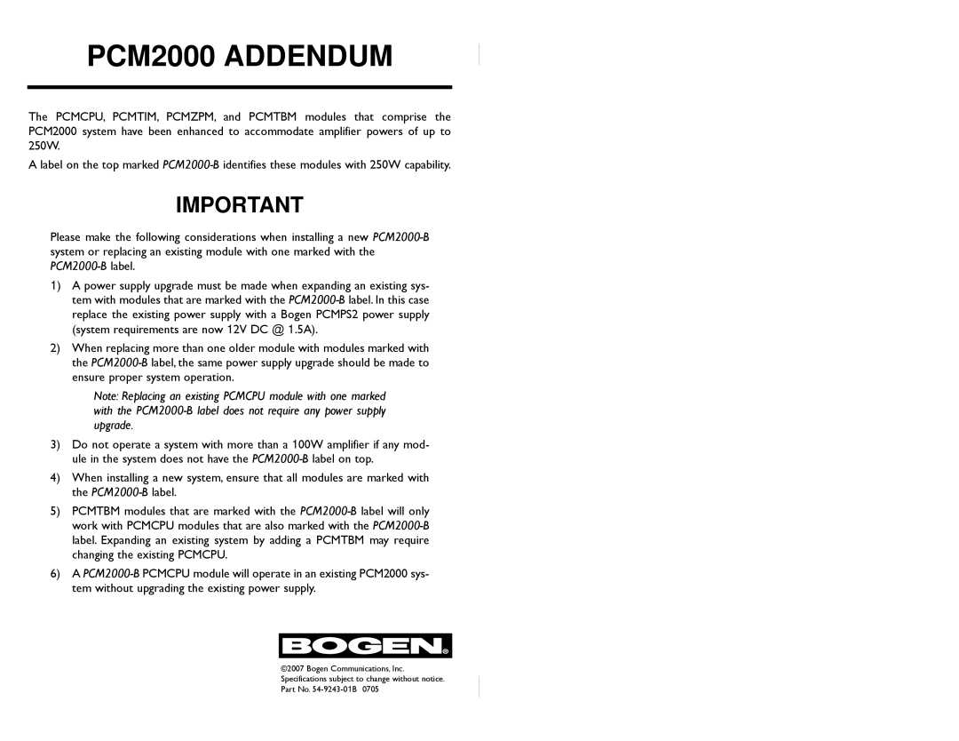 Bogen specifications PCM2000 Addendum 