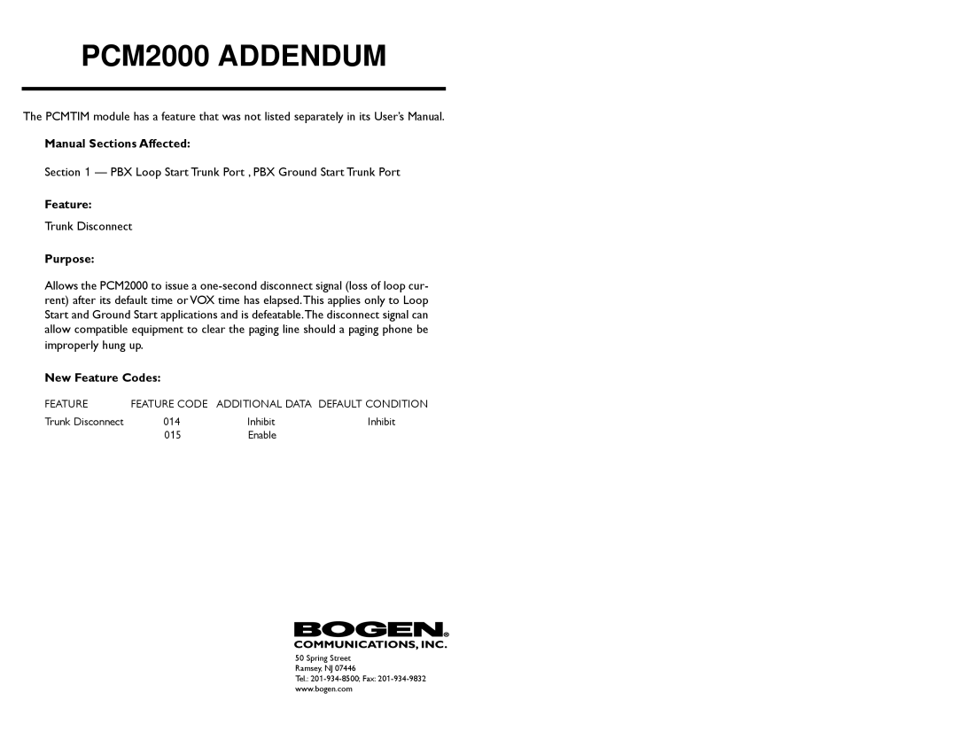 Bogen PCM2000 specifications Manual Sections Affected, Purpose, New Feature Codes 