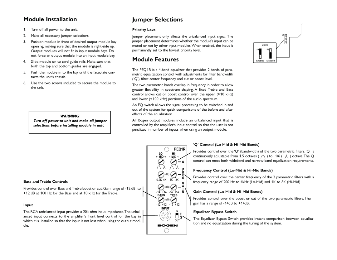 Bogen PEQ1R Module Installation, Jumper Selections, Module Features, Priority Level, ‘Q’ Control Lo-Mid& Hi-MidBands 
