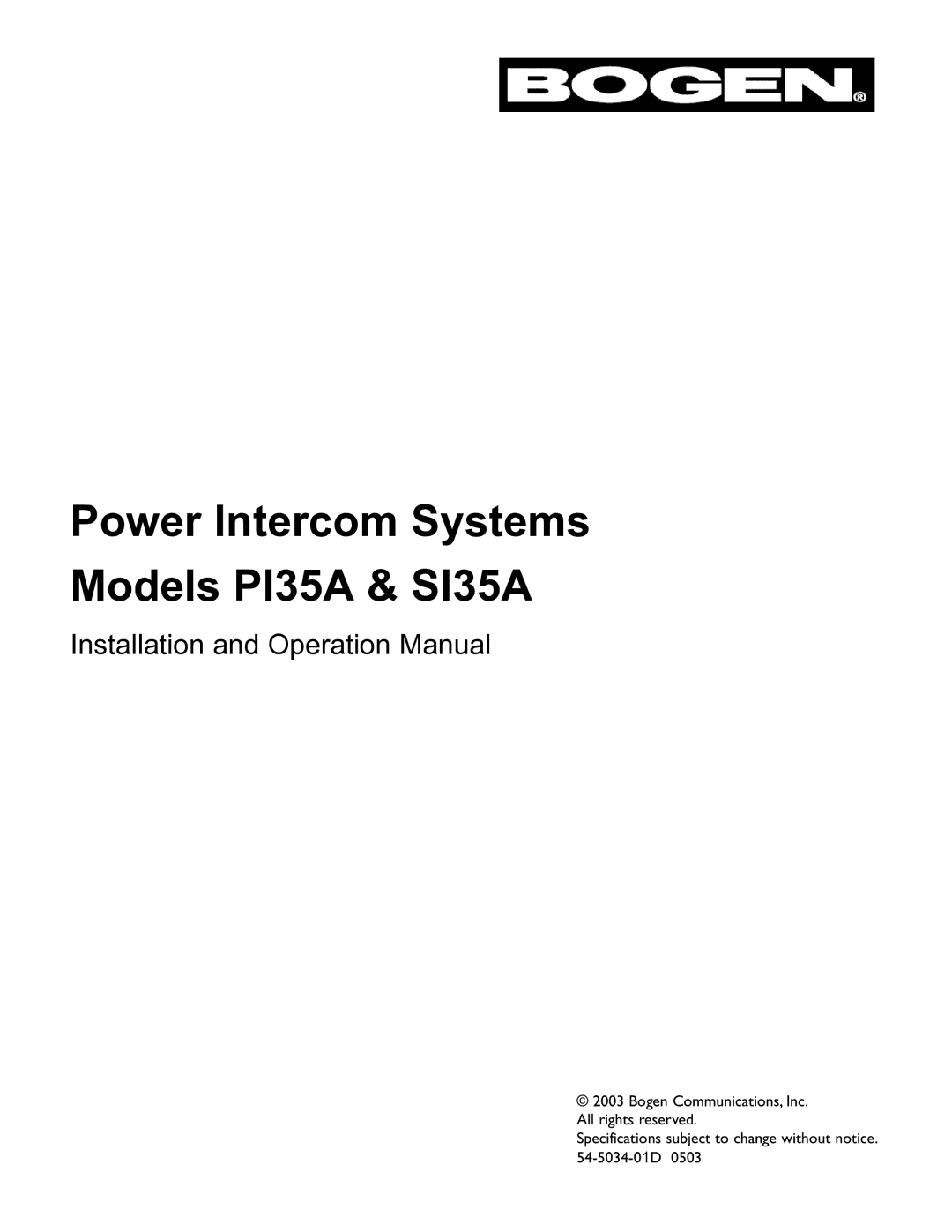 Bogen operation manual Power Intercom Systems Models PI35A & SI35A 