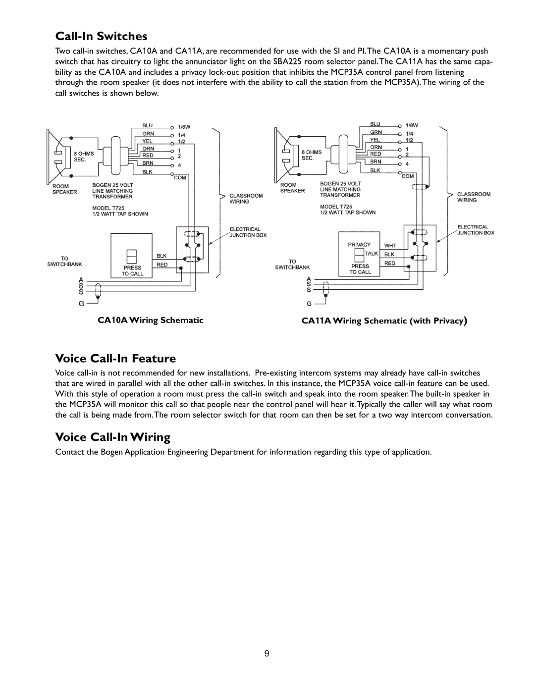 Bogen PI35A operation manual Call-In Switches, Voice Call-In Feature, Voice Call-In Wiring 