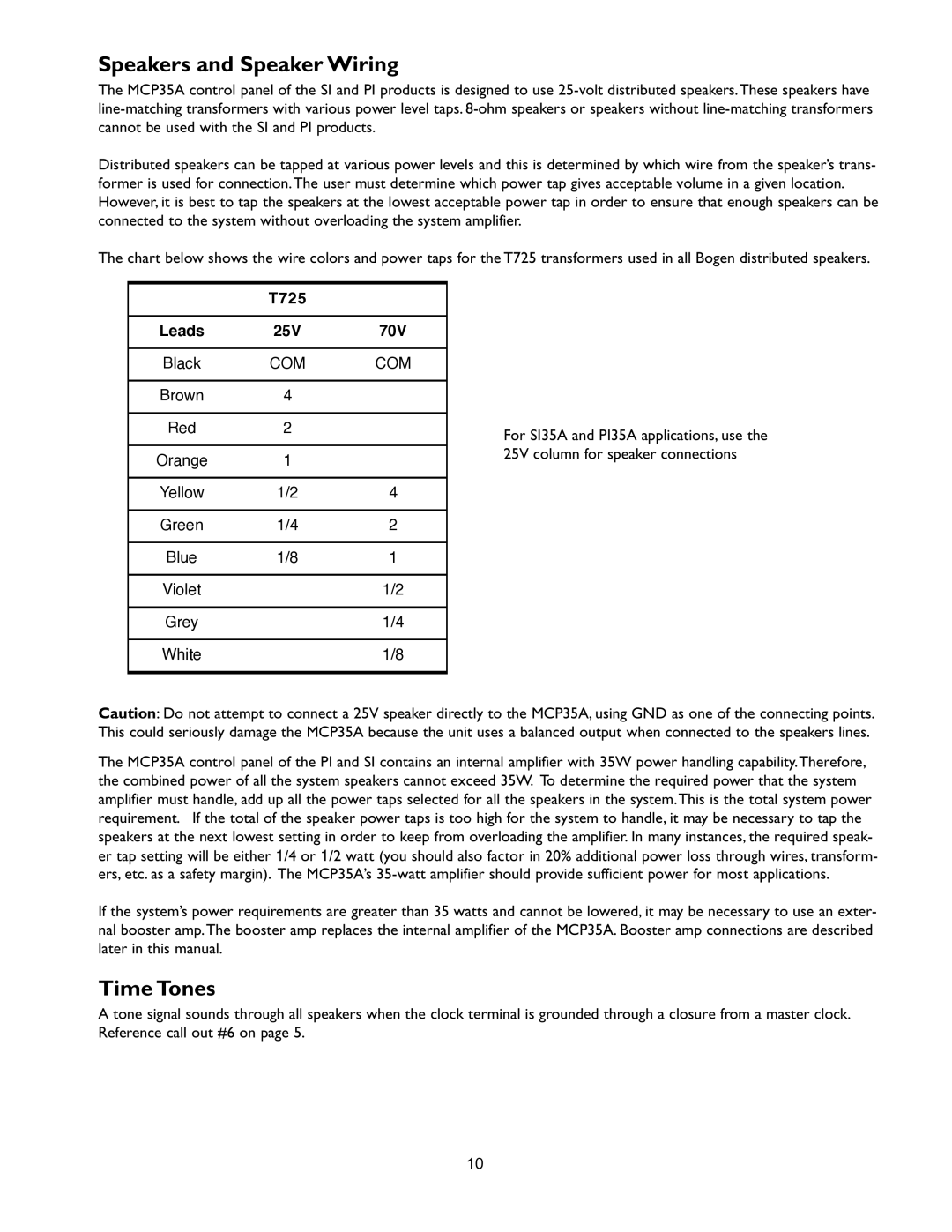 Bogen PI35A operation manual Speakers and Speaker Wiring, Time Tones, T725 Leads 25V 70V 