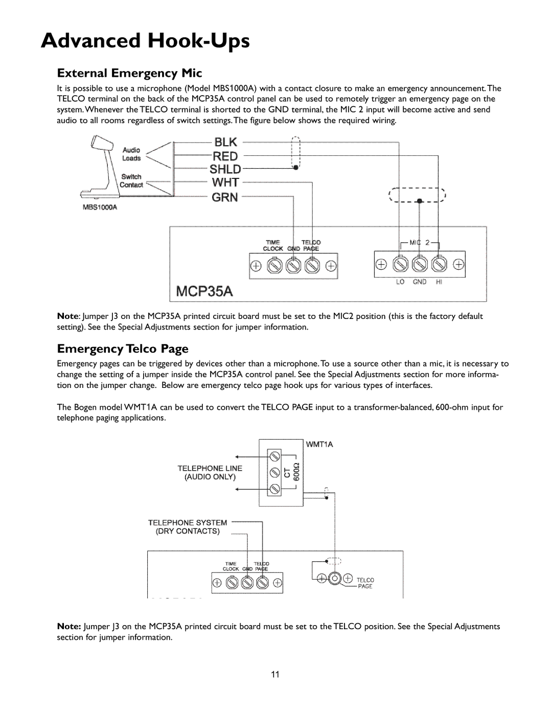 Bogen PI35A operation manual Advanced Hook-Ups, External Emergency Mic, Emergency Telco 