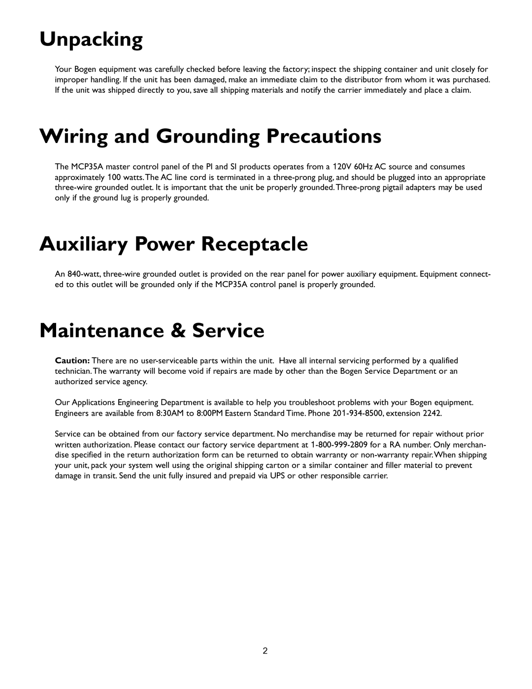 Bogen PI35A operation manual Unpacking, Wiring and Grounding Precautions, Auxiliary Power Receptacle, Maintenance & Service 