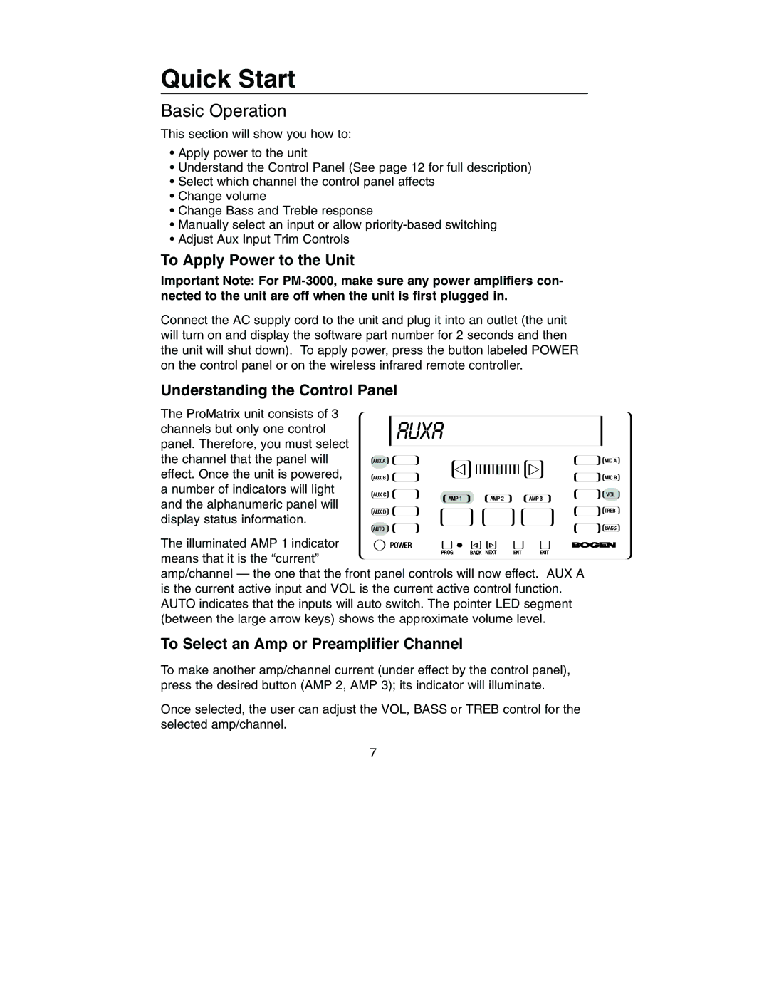 Bogen PM-3000, PM-3180 manual Basic Operation, To Apply Power to the Unit, Understanding the Control Panel 