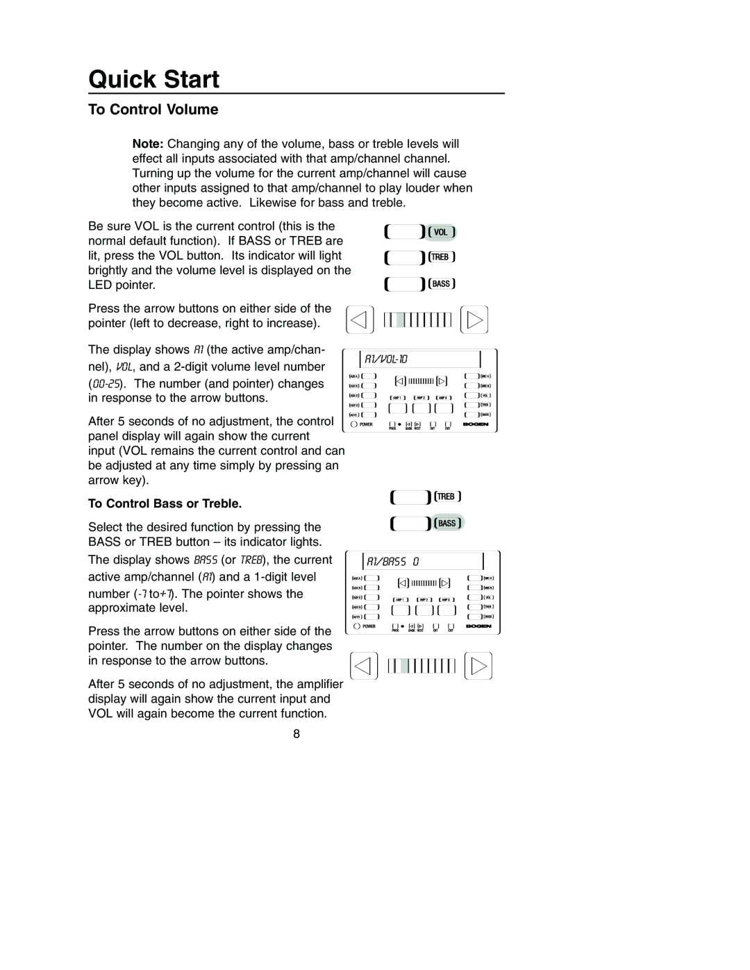 Bogen PM-3180, PM-3000 manual To Control Volume, To Control Bass or Treble 