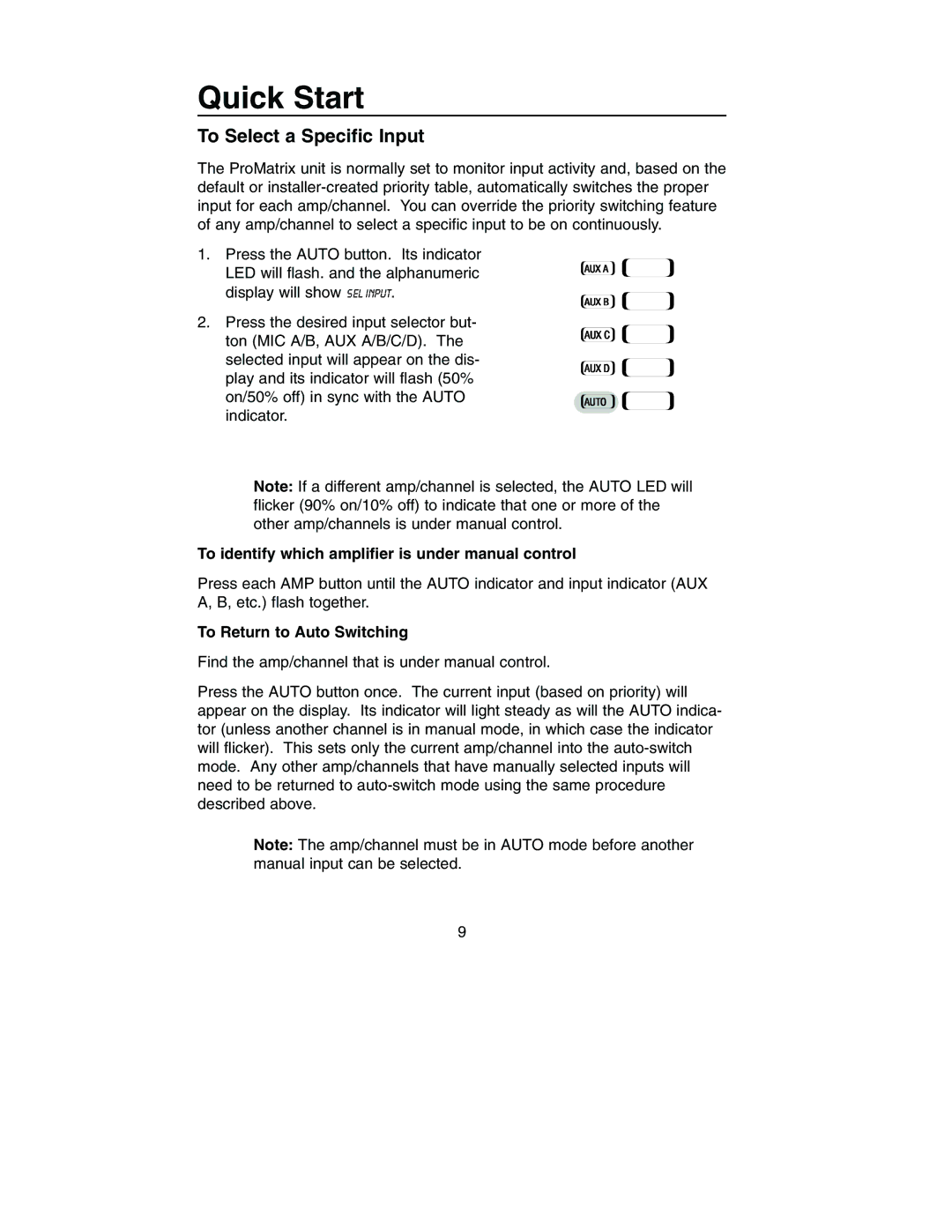 Bogen PM-3000 To Select a Specific Input, To identify which amplifier is under manual control, To Return to Auto Switching 