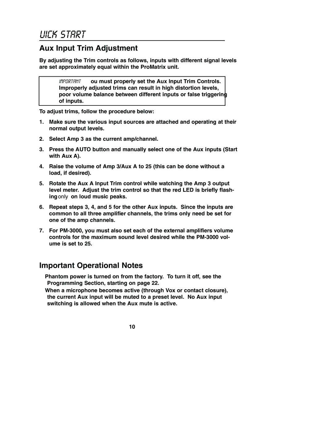 Bogen PM-3180, PM-3000 manual Aux Input Trim Adjustment, Important Operational Notes 