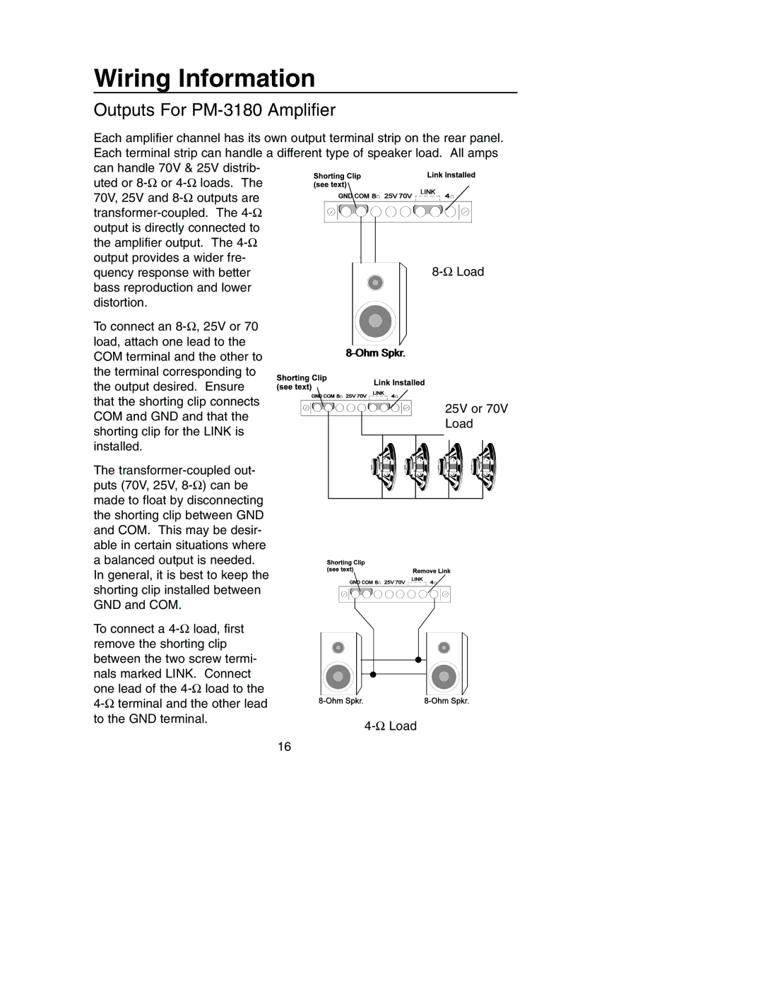 Bogen PM-3000 manual Outputs For PM-3180 Amplifier 