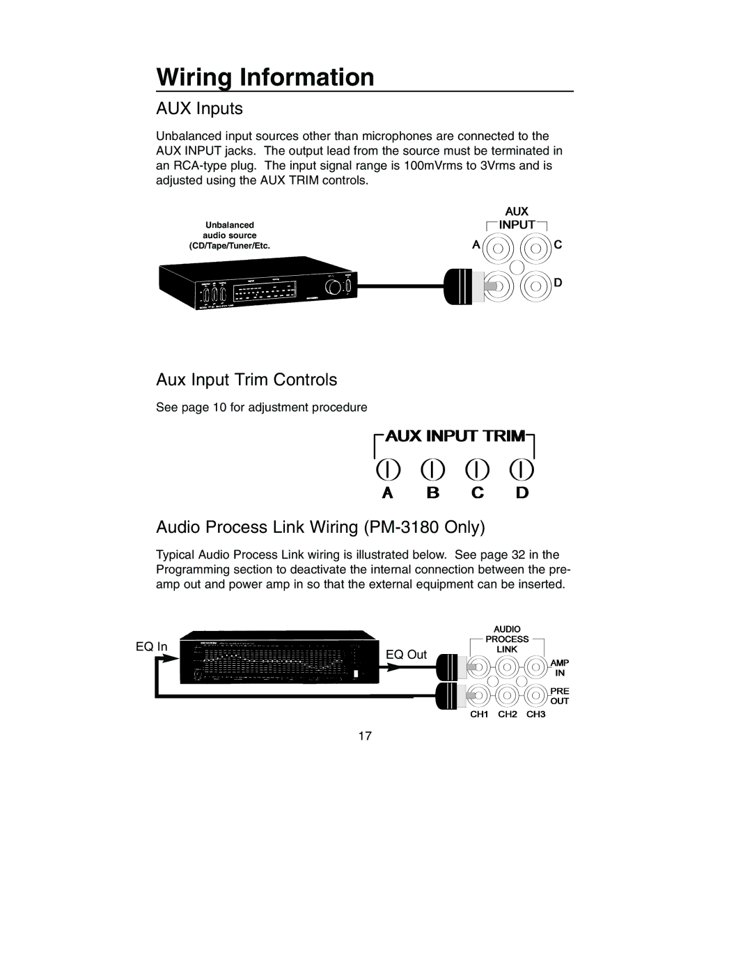 Bogen PM-3000 manual AUX Inputs, Aux Input Trim Controls, Audio Process Link Wiring PM-3180 Only 