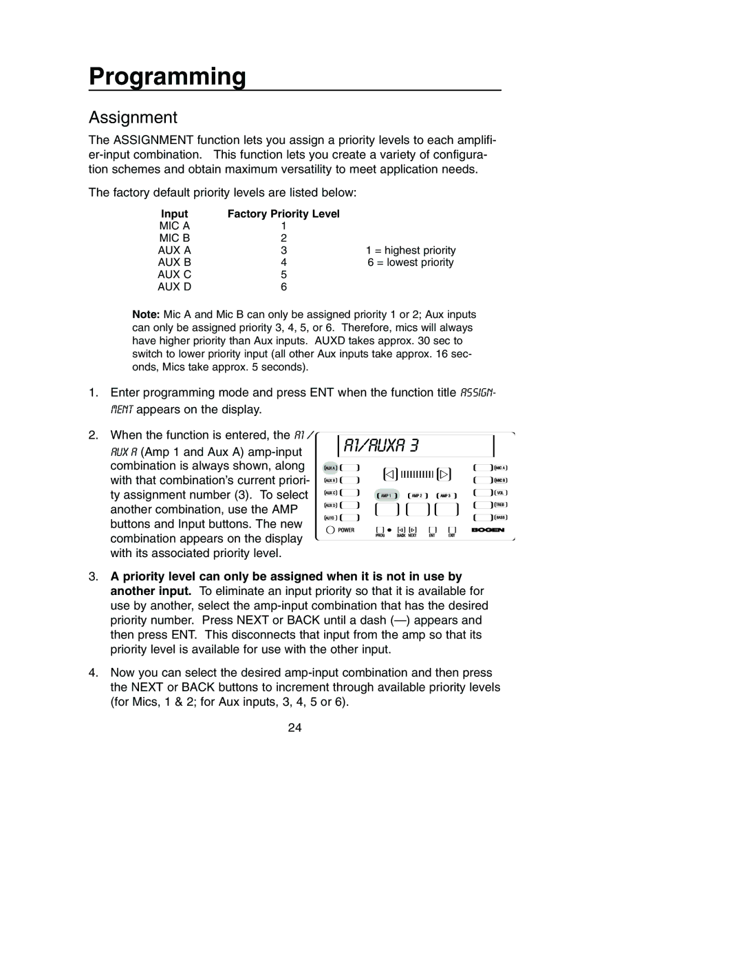 Bogen PM-3180, PM-3000 manual A1/AUXA, Assignment 