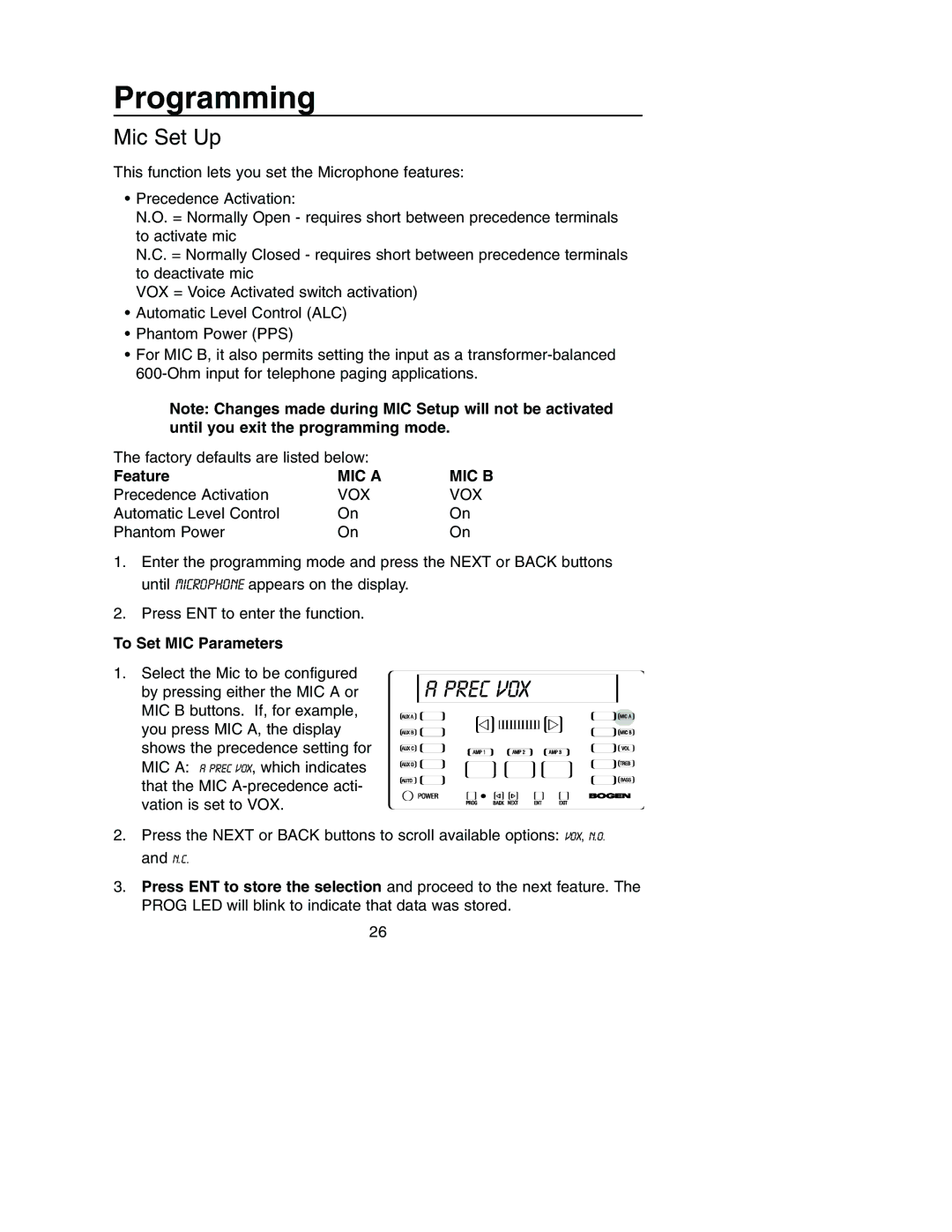 Bogen PM-3180, PM-3000 manual Prec VOX, Mic Set Up, To Set MIC Parameters 