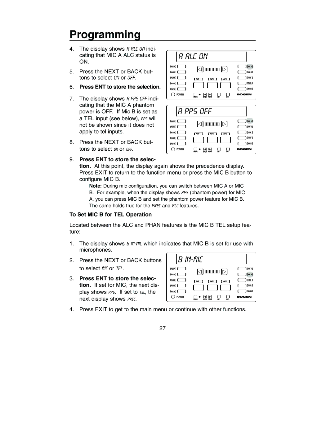 Bogen PM-3000, PM-3180 manual ALC on PPS OFF, In-Mic, Press ENT to store the selection, To Set MIC B for TEL Operation 