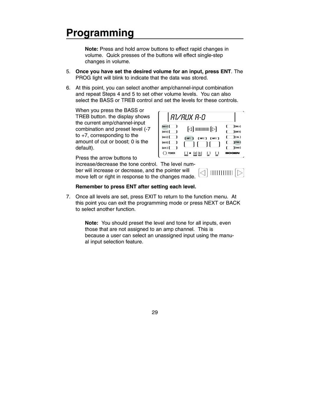 Bogen PM-3000, PM-3180 manual A1/AUX A-0, Remember to press ENT after setting each level 