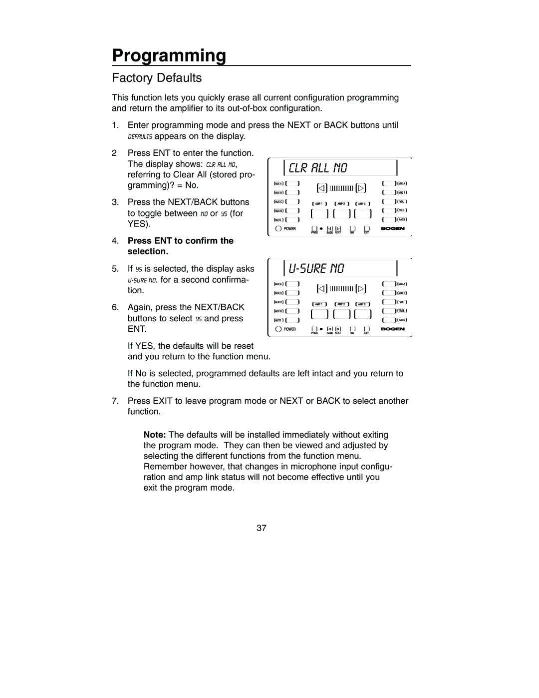Bogen PM-3000, PM-3180 manual CLR ALL no, Sure no, Factory Defaults, Press ENT to confirm the selection 