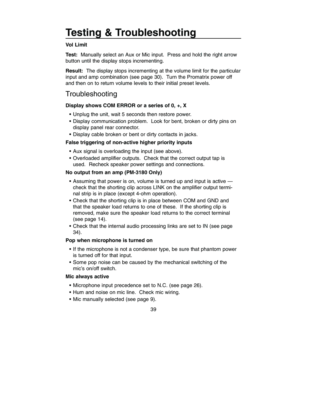 Bogen PM-3000, PM-3180 manual Troubleshooting 