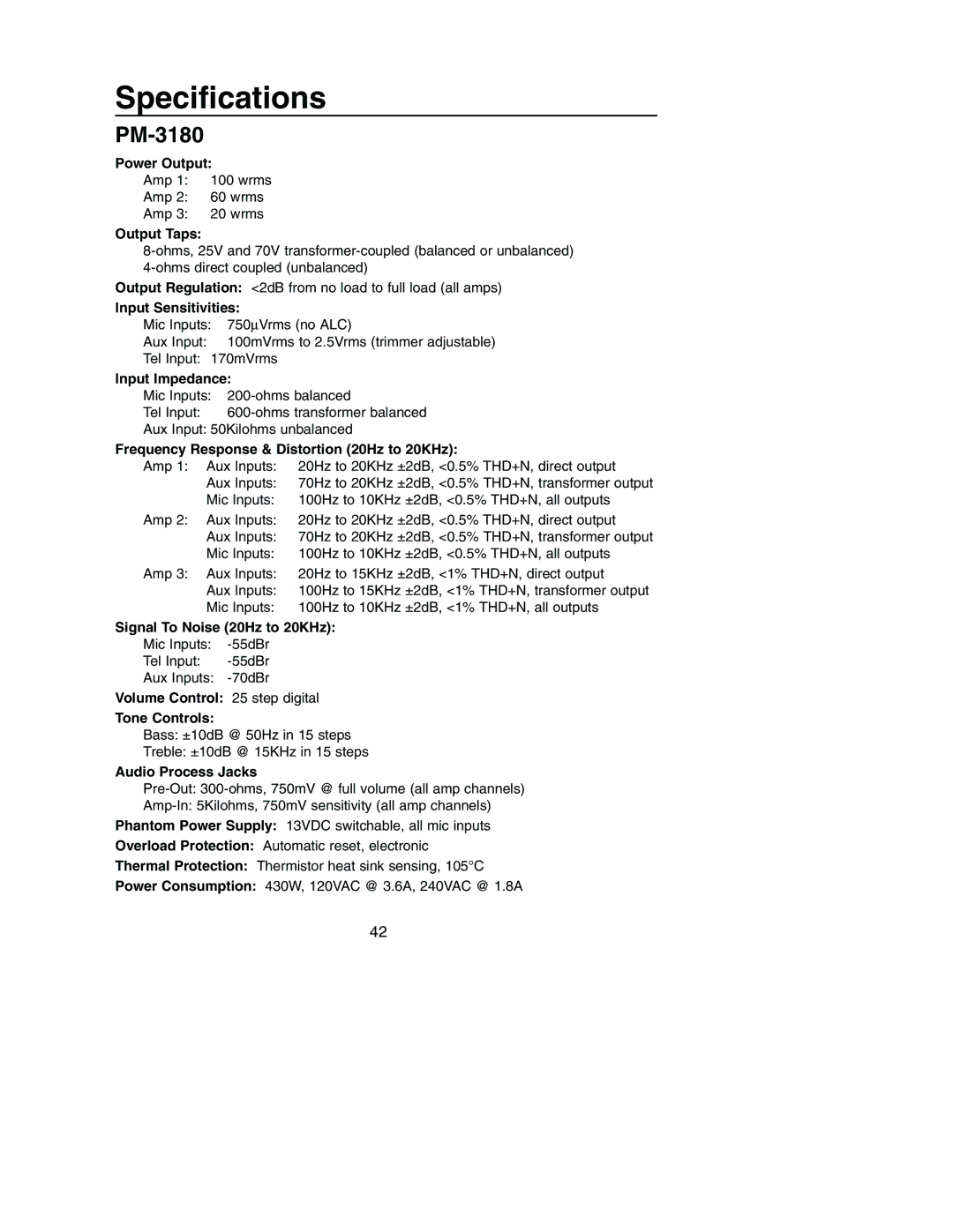 Bogen PM-3180, PM-3000 manual Specifications 