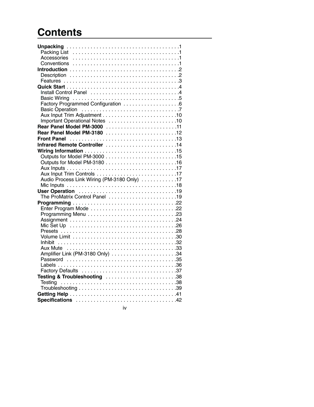 Bogen PM-3180, PM-3000 manual Contents 