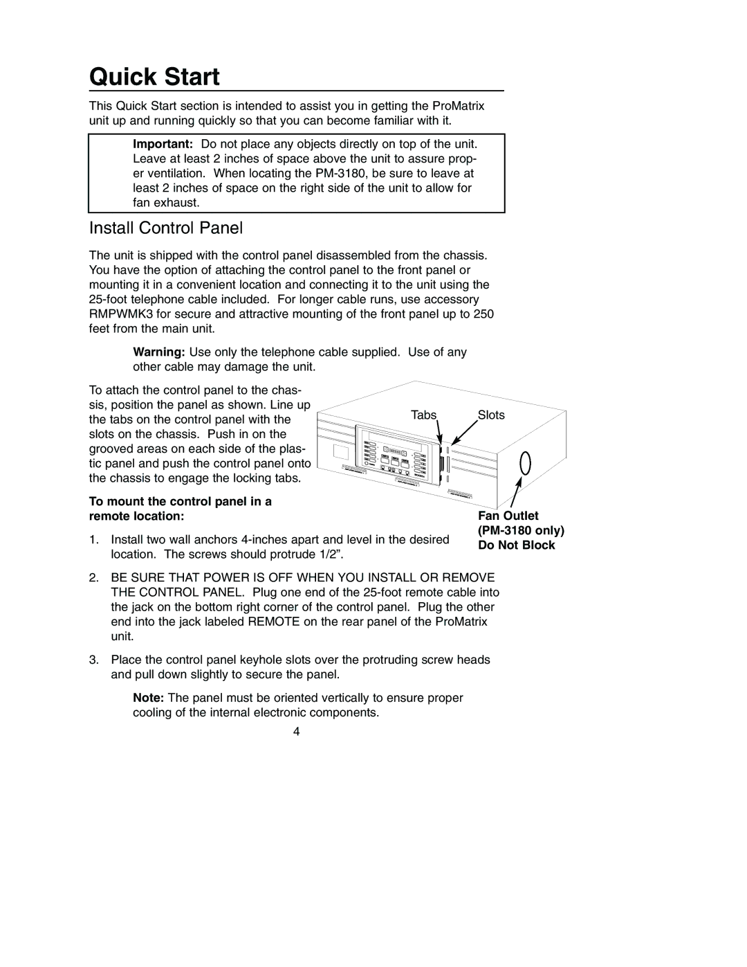 Bogen PM-3180, PM-3000 manual Quick Start, Install Control Panel, To mount the control panel in a remote location 