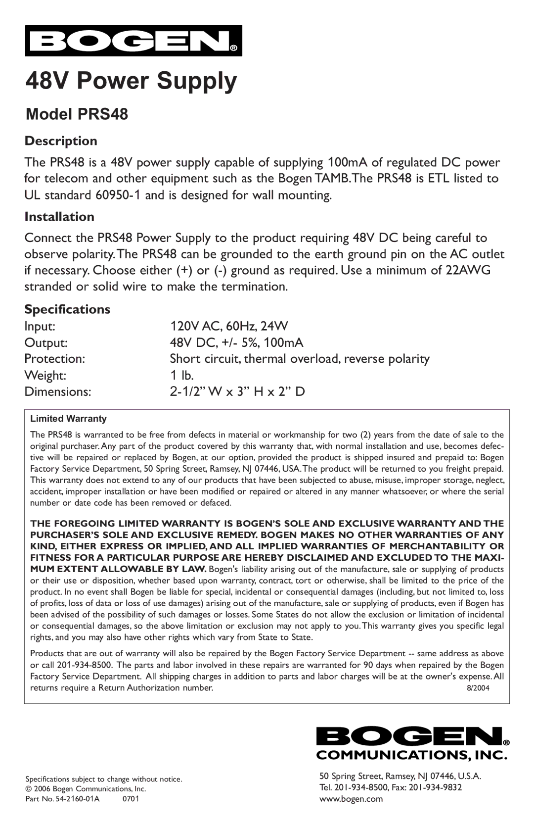 Bogen specifications 48V Power Supply, Model PRS48, Description, Installation, Specifications 