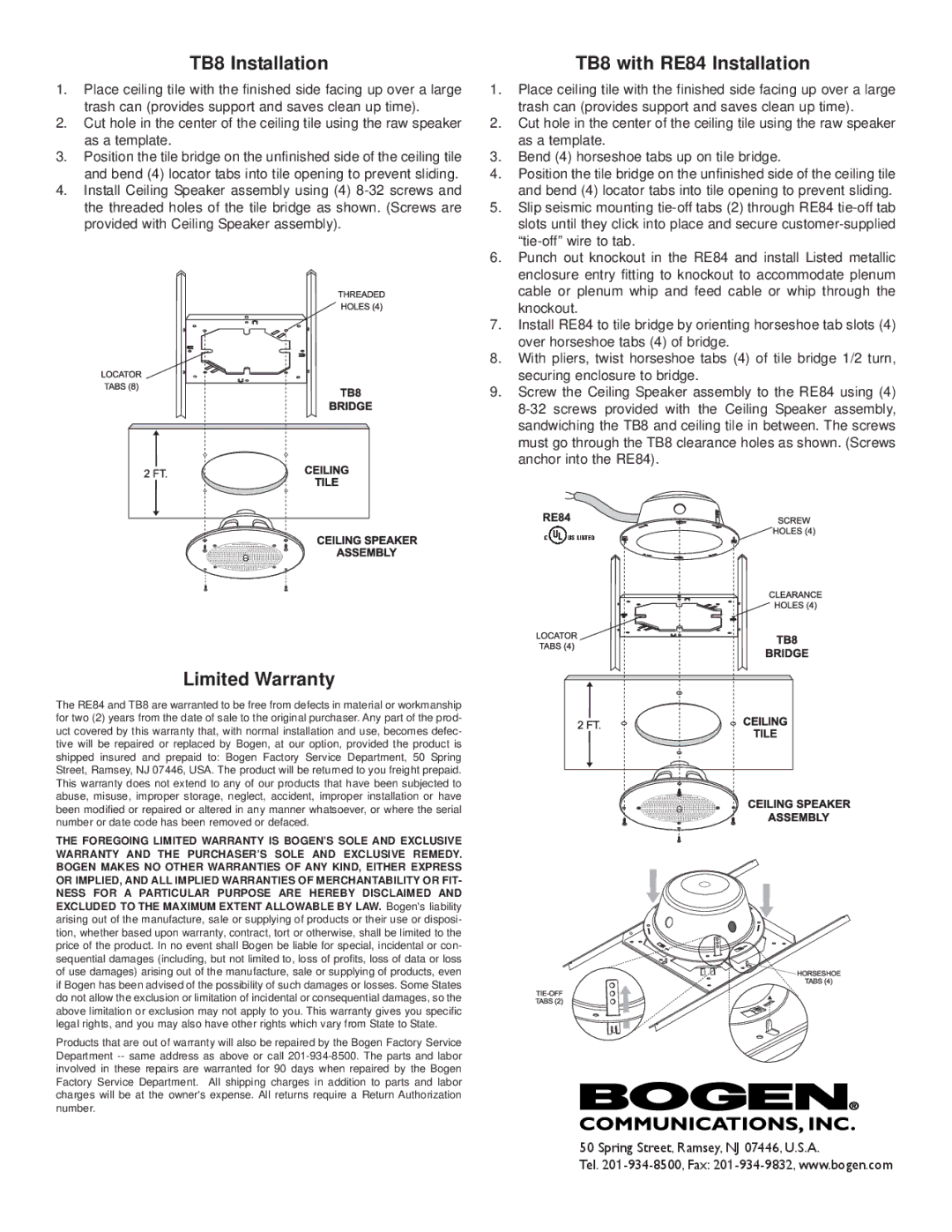 Bogen specifications TB8 Installation, TB8 with RE84 Installation, Limited Warranty 