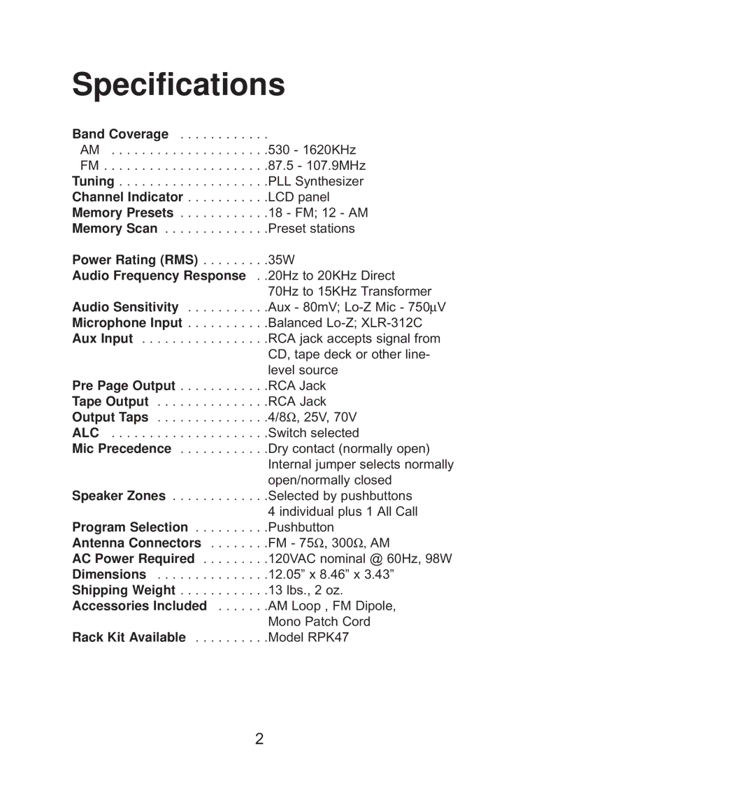 Bogen RM-350D manual Specifications 