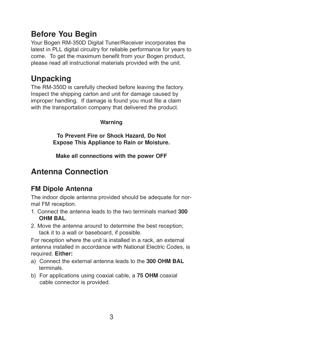 Bogen RM-350D manual Before You Begin, Unpacking, Antenna Connection, FM Dipole Antenna 