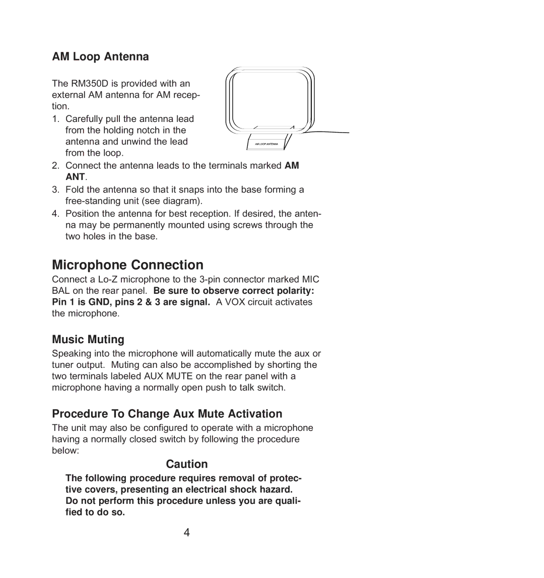 Bogen RM-350D manual Microphone Connection, AM Loop Antenna, Music Muting, Procedure To Change Aux Mute Activation 