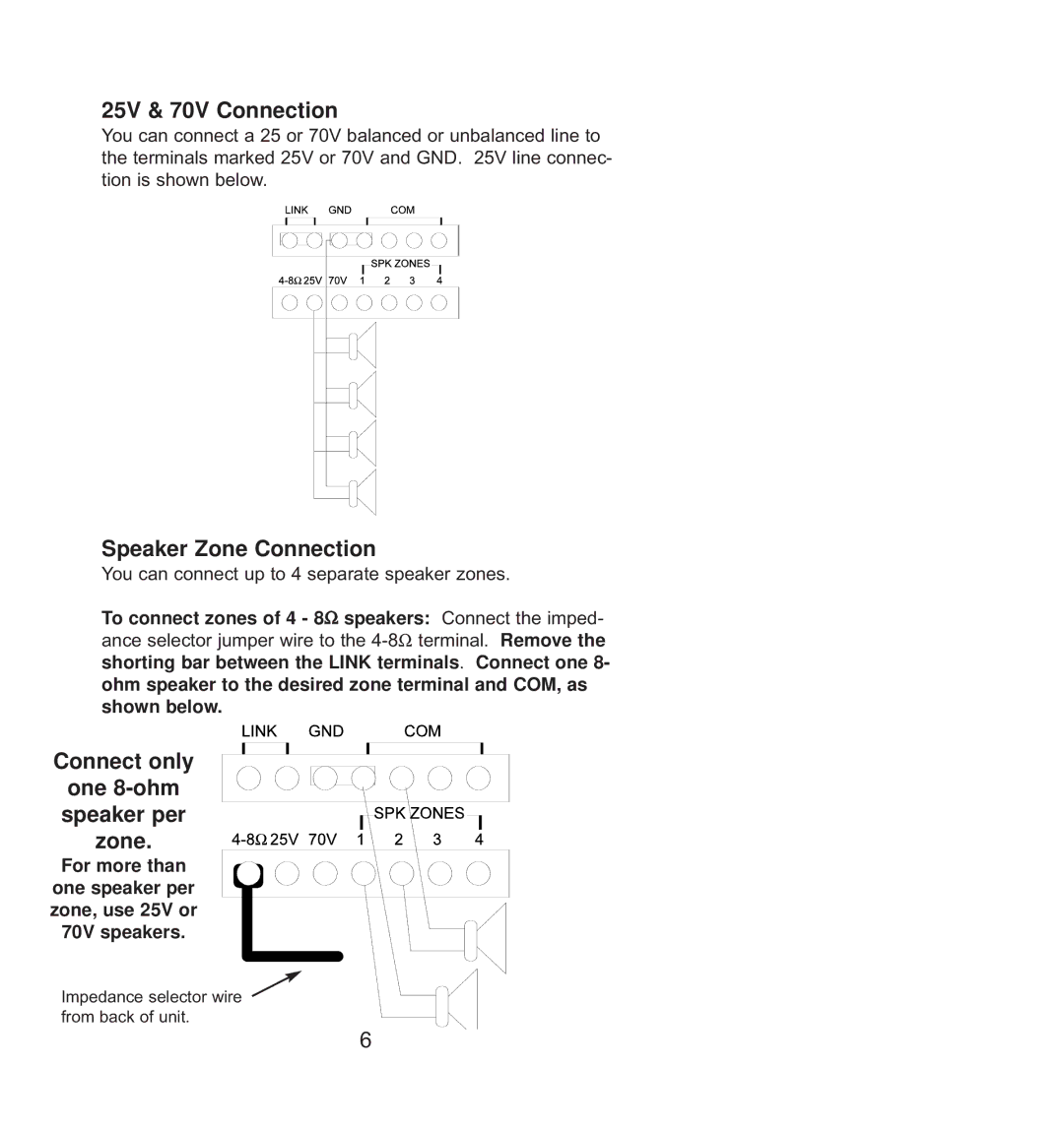 Bogen RM-350D manual 25V & 70V Connection, Speaker Zone Connection, Connect only One 8-ohm speaker per zone 