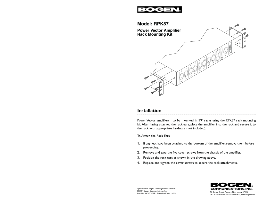 Bogen specifications Model RPK87, Installation, Power Vector Amplifier Rack Mounting Kit 