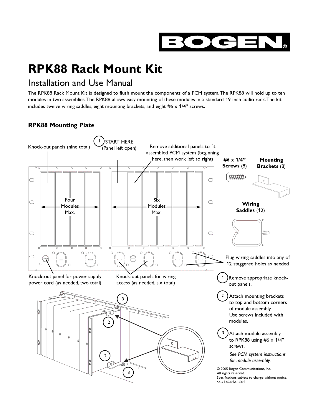 Bogen rpk88 specifications RPK88 Rack Mount Kit, Installation and Use Manual, RPK88 Mounting Plate 