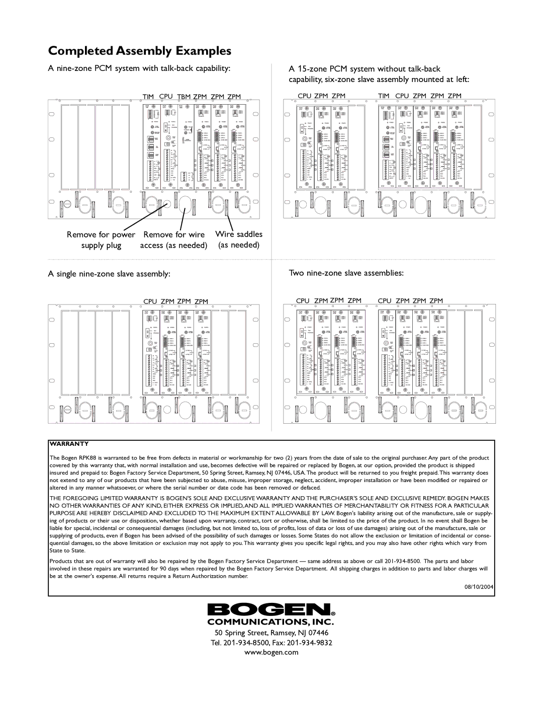 Bogen rpk88 Completed Assembly Examples, Nine-zone PCM system with talk-back capability, Single nine-zone slave assembly 