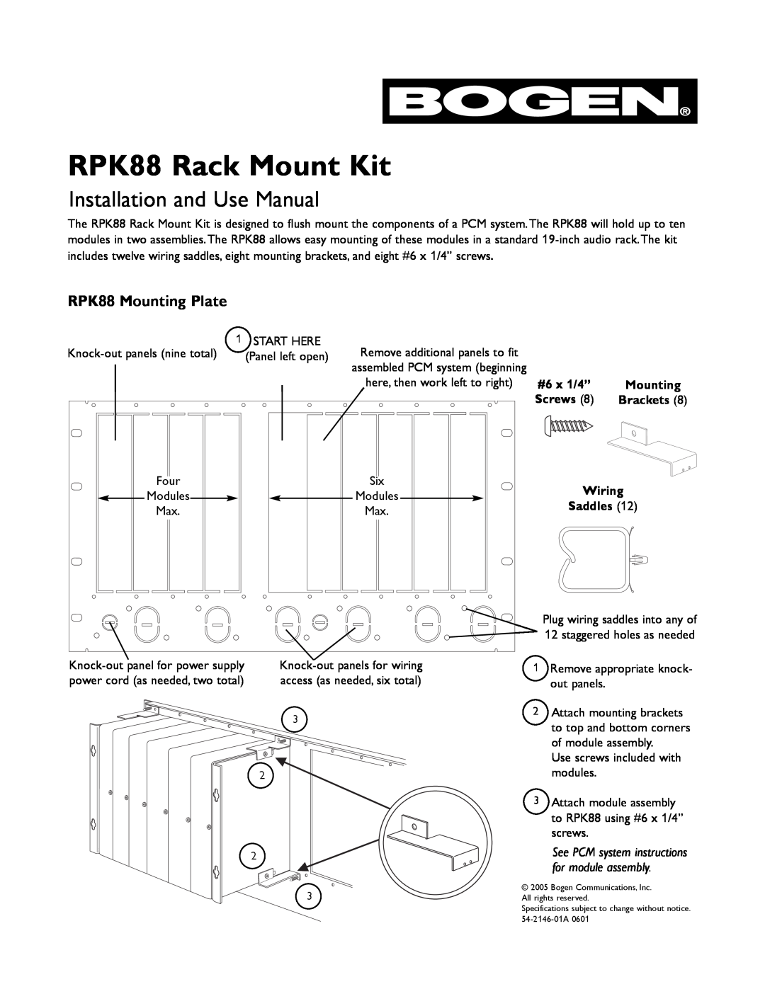 Bogen rpk88 specifications RPK88 Rack Mount Kit, Installation and Use Manual, RPK88 Mounting Plate, #6 x 1/4”, Screws 