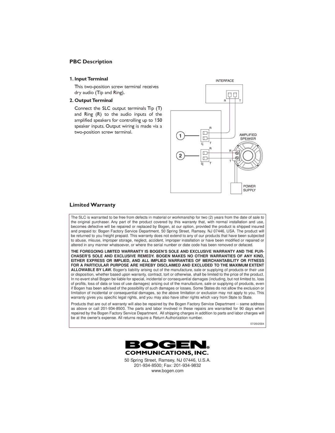 Bogen S4-2122-01A specifications PBC Description, Limited Warranty, Input Terminal, Output Terminal 