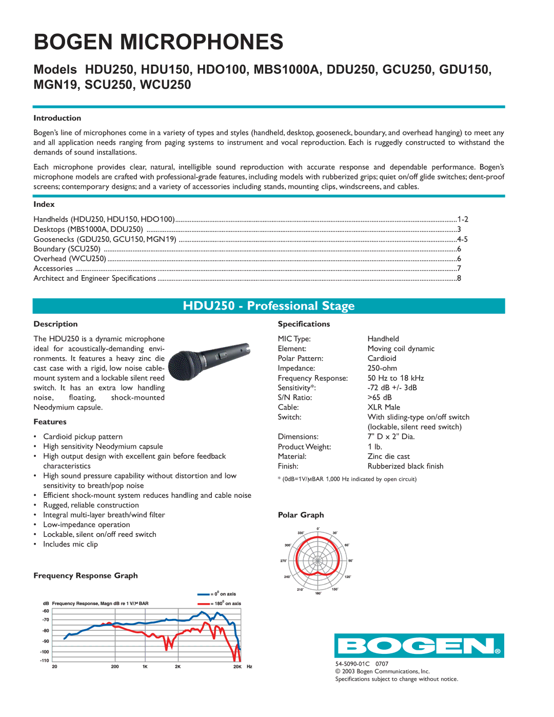 Bogen HDU150, SCU250, MGN19, WCU250, DDU250, GDU150, HDO100, GCU250 specifications Bogen Microphones, HDU250 Professional Stage 