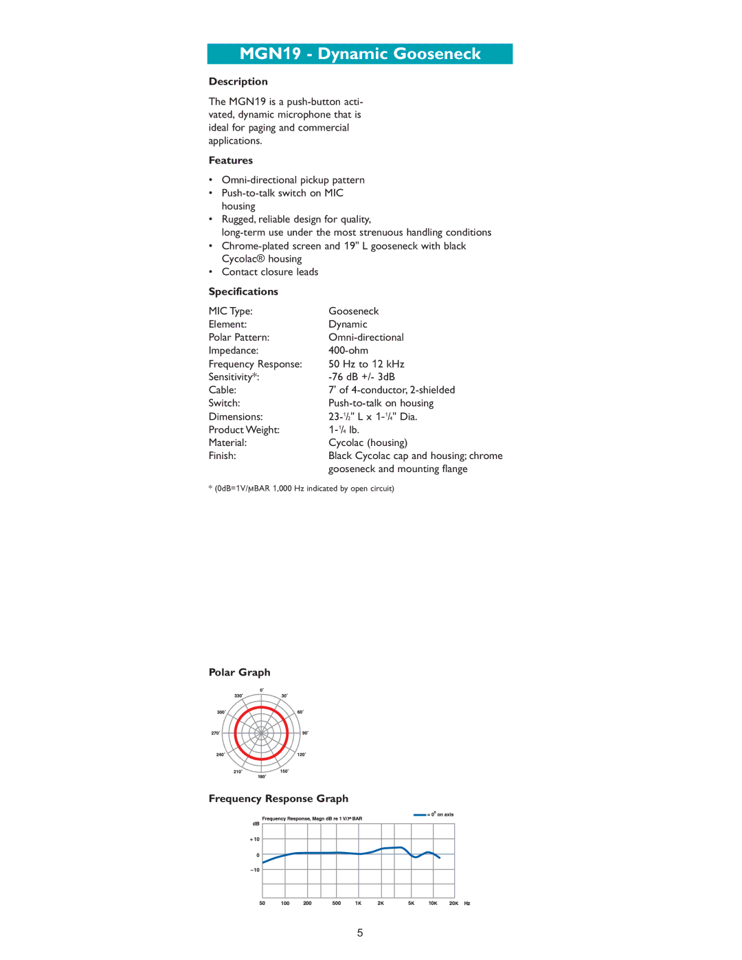 Bogen GDU150, SCU250, HDU150, WCU250, DDU250, HDO100, GCU250, MBS1000A, HDU250 specifications MGN19 Dynamic Gooseneck 