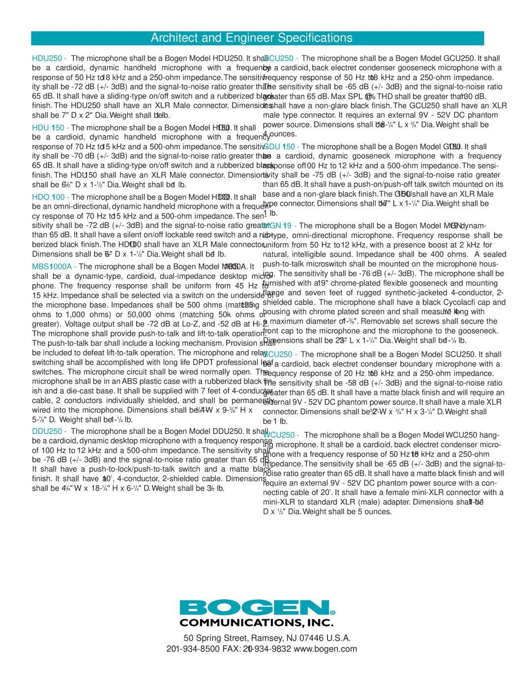 Bogen MBS1000A, SCU250, HDU150, MGN19, WCU250, DDU250, GDU150, HDO100, GCU250, HDU250 Architect and Engineer Specifications 