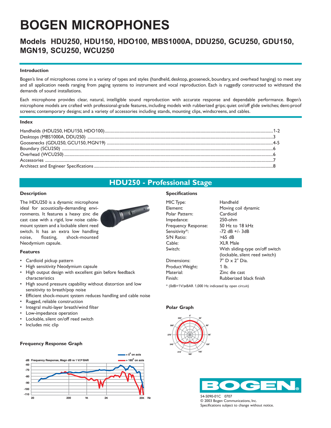 Bogen specifications Model GDU150 Dynamic Gooseneck Microphone, Polar Graph, Description, Specifications 