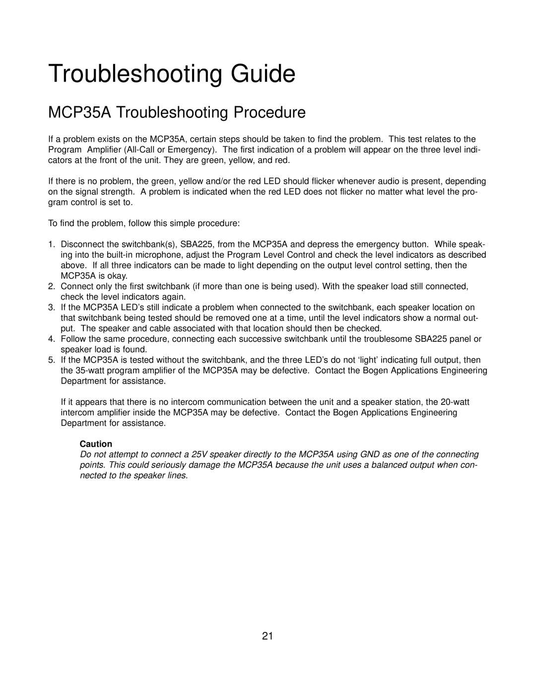 Bogen PI35A, SI35A manual Troubleshooting Guide, MCP35A Troubleshooting Procedure 