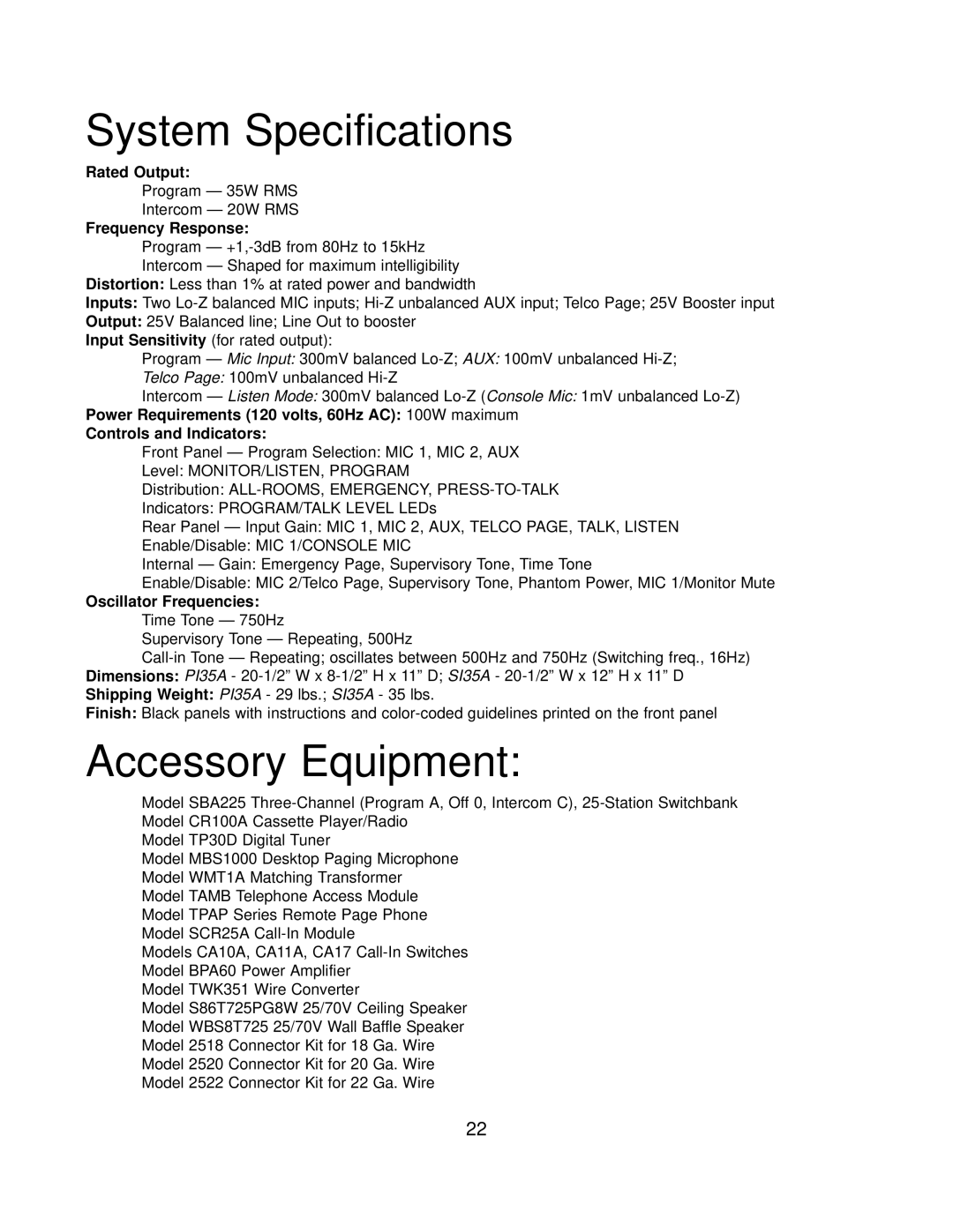 Bogen SI35A, PI35A manual System Specifications, Accessory Equipment 