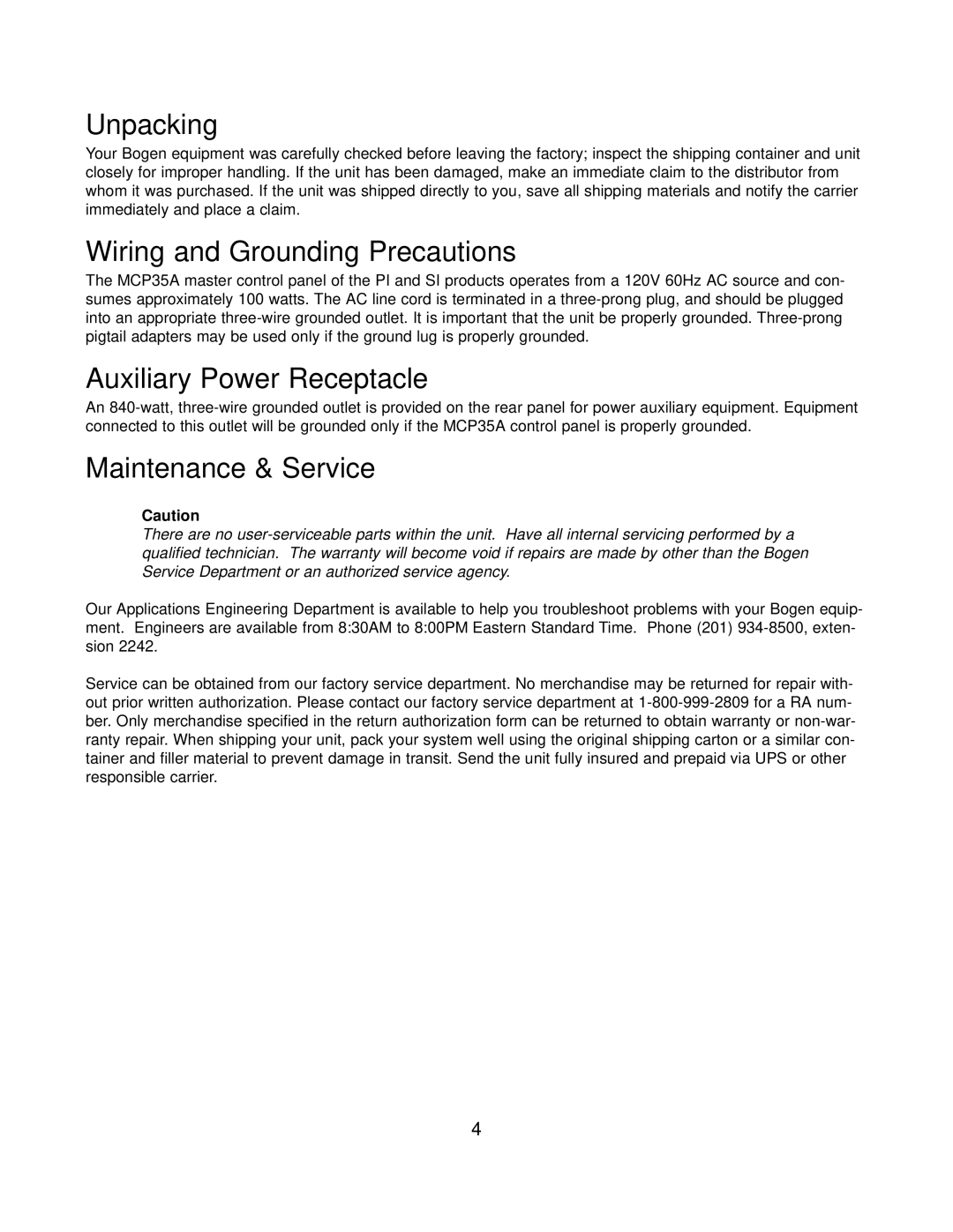 Bogen SI35A, PI35A manual Unpacking, Wiring and Grounding Precautions, Auxiliary Power Receptacle, Maintenance & Service 