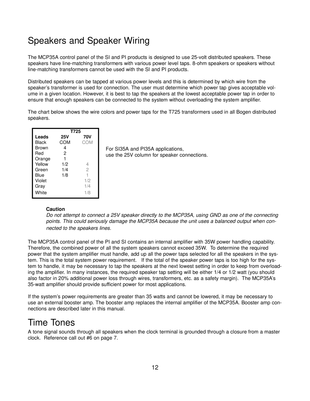 Bogen SI35A, PI35A manual Speakers and Speaker Wiring, Time Tones 